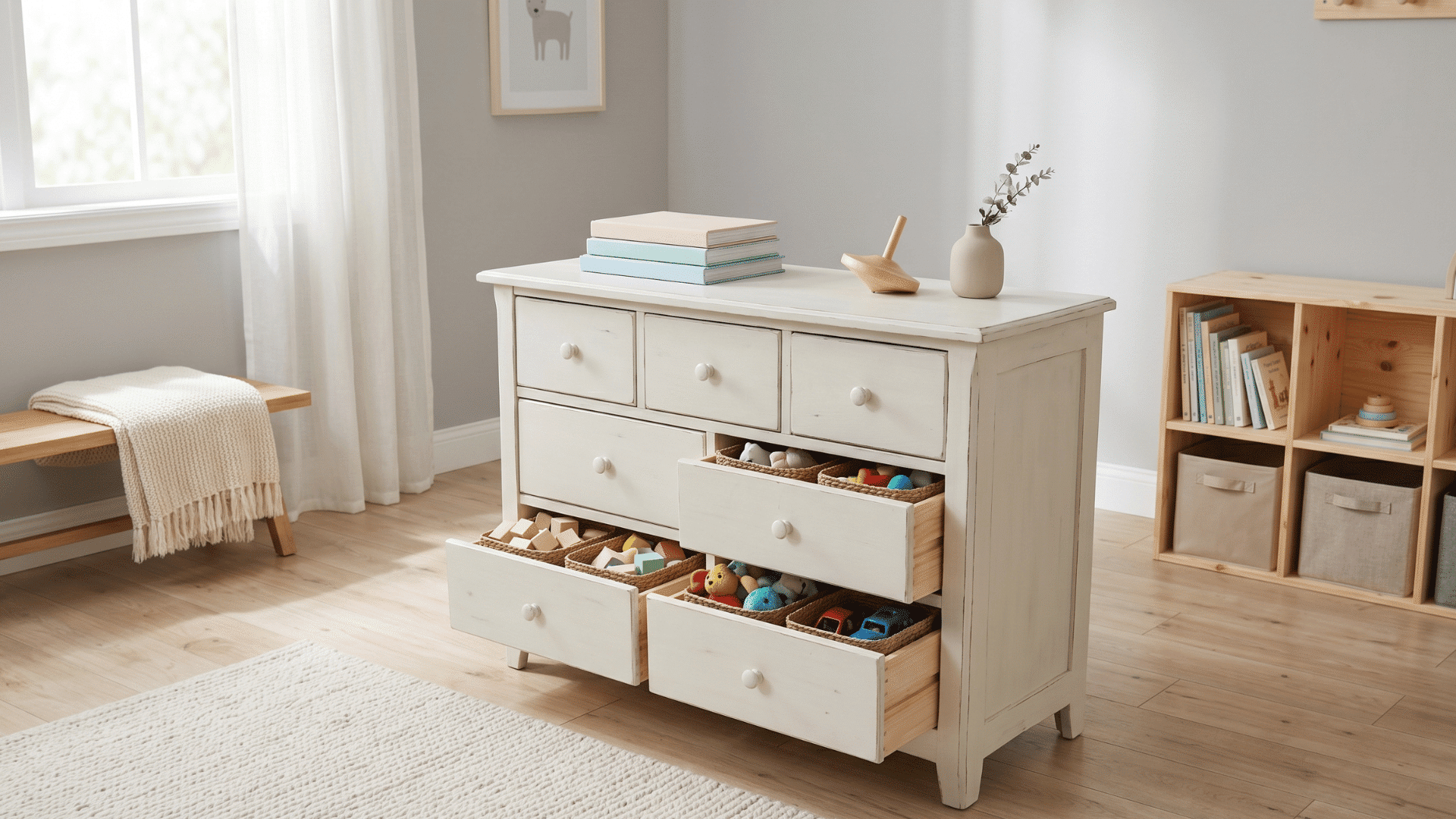 painted dresser used for storage minimal items clean background soft light simple setup