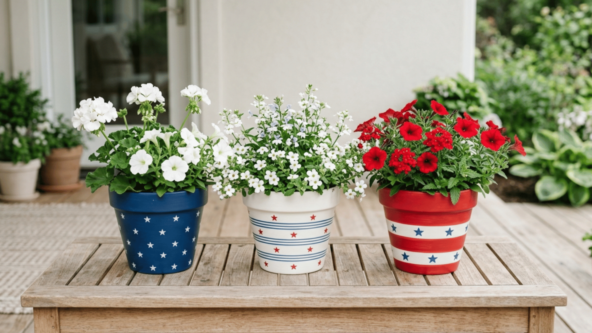 painted planters in red white blue with flowers arranged on porch for simple memorial day decoration