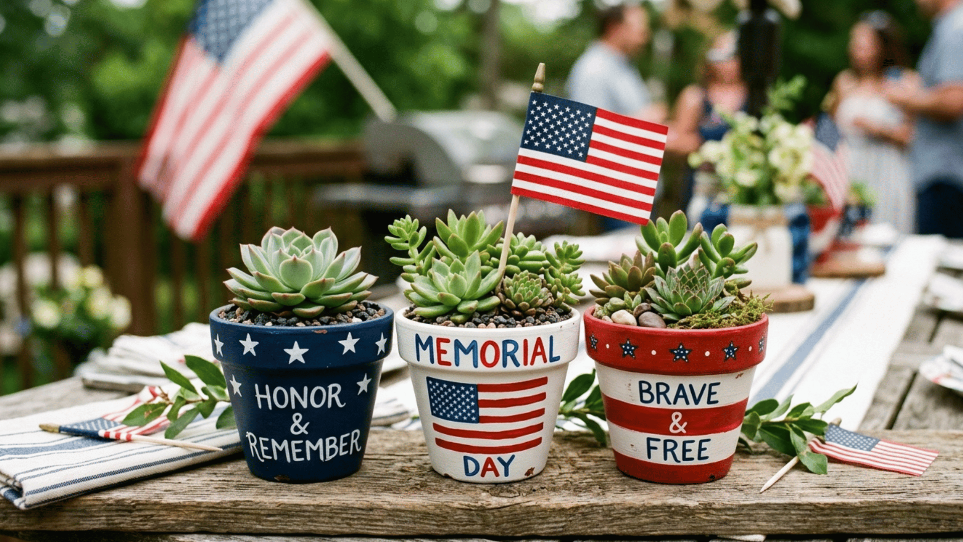 painted succulent pots with patriotic colors and flags on outdoor table centerpiece.