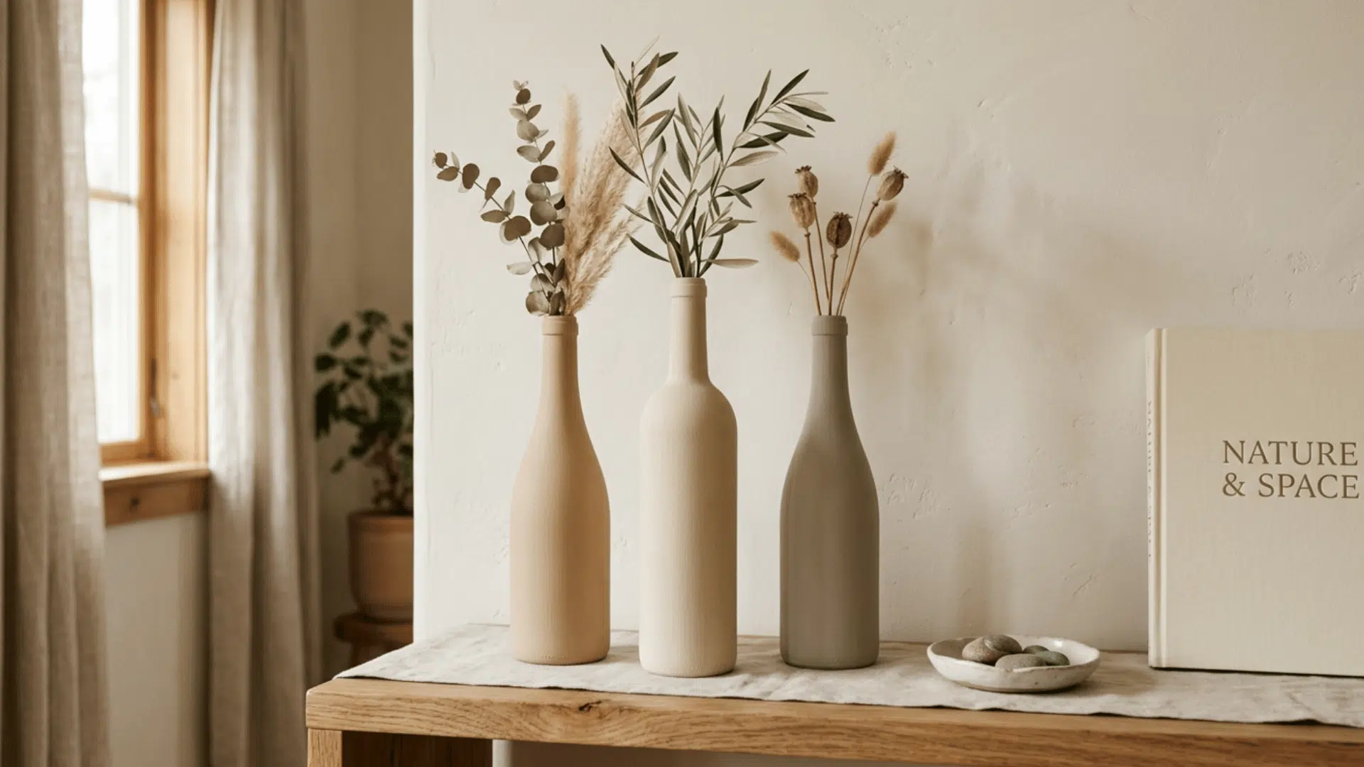 painted wine bottles used as decorative vases in minimal home decor setting