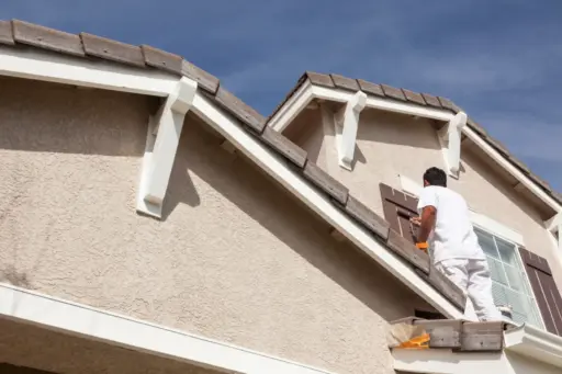 Person painting house shutters on a beige exterior under clear blue sky
