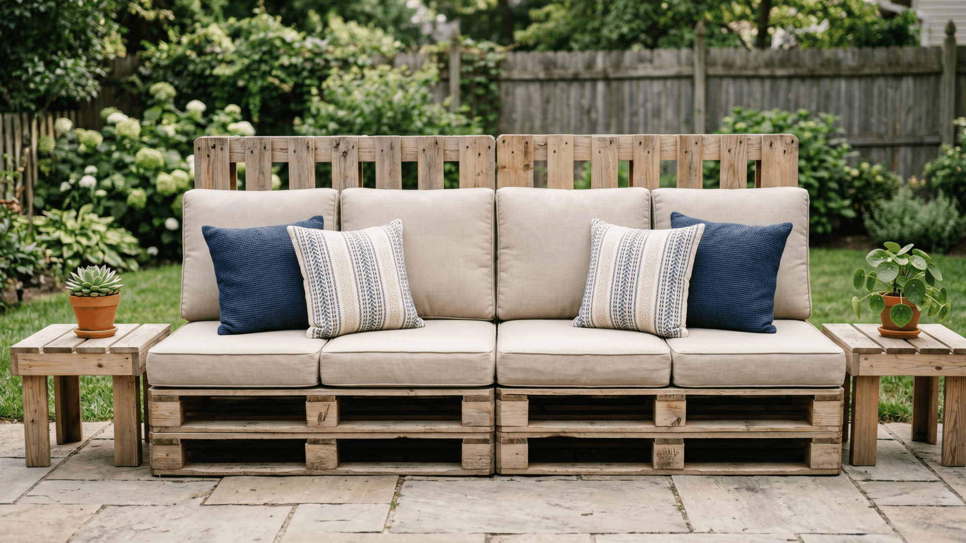 pallet seating with cushions arranged on a simple outdoor patio