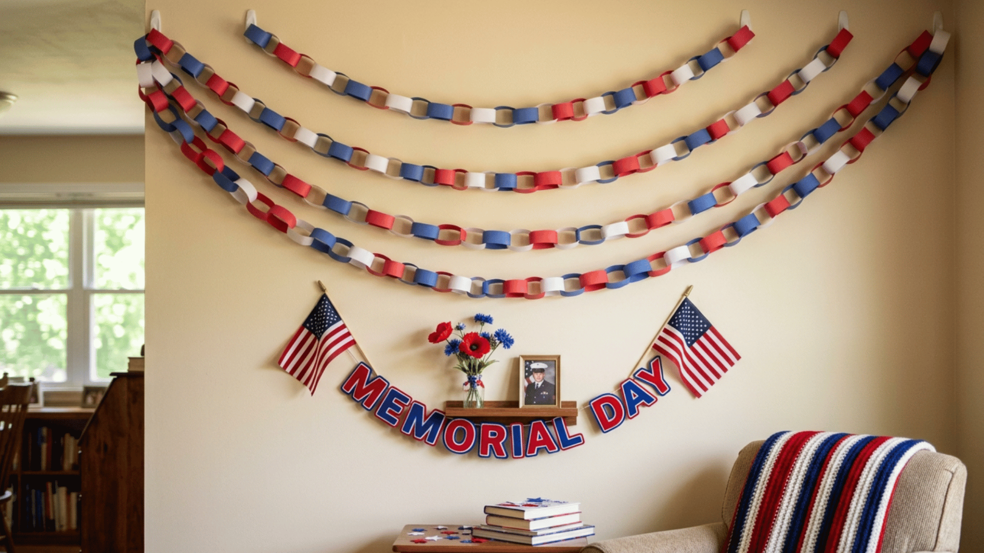 paper chain garland in red white blue hanging on wall adding simple festive touch to space