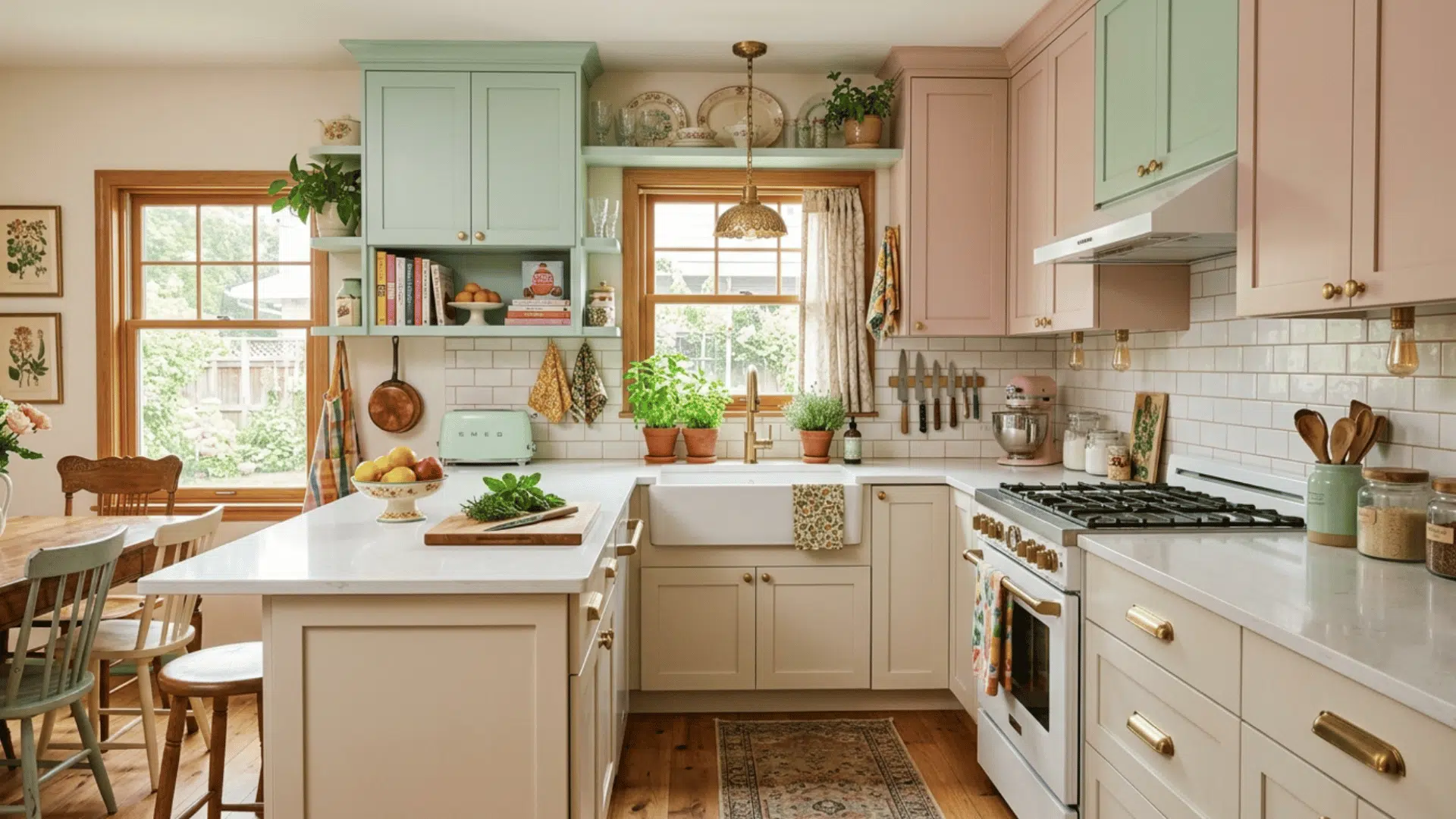 pastel upper cabinets with neutral base create a soft and airy kitchen with light tones