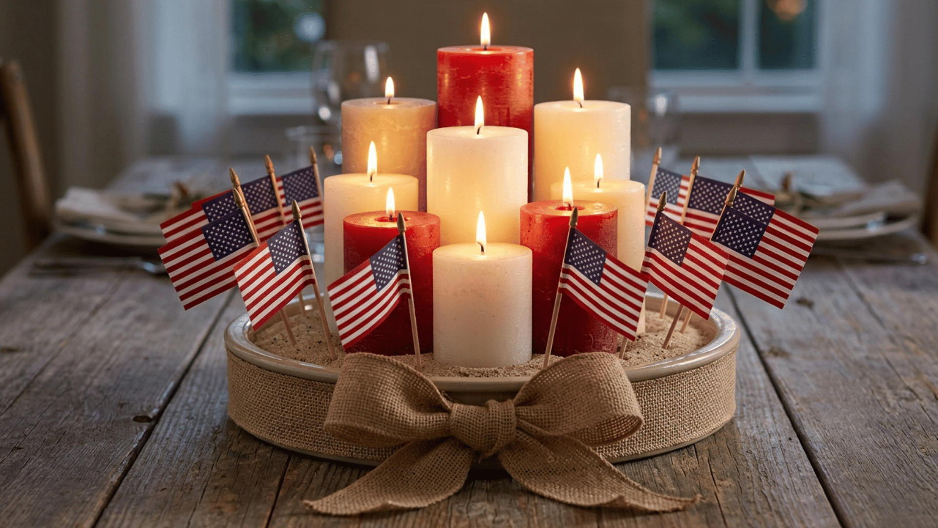 patriotic candle cluster centerpiece with mini flags and burlap base.