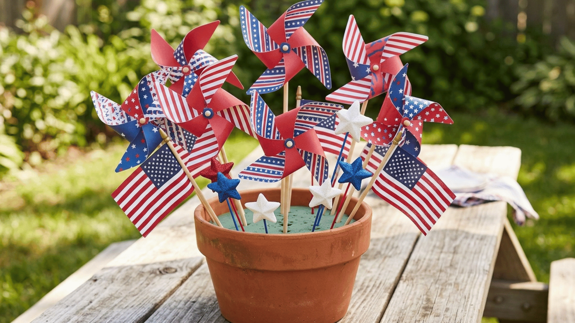 patriotic pinwheel centerpiece in pot with stars, stripes, and mini flags.