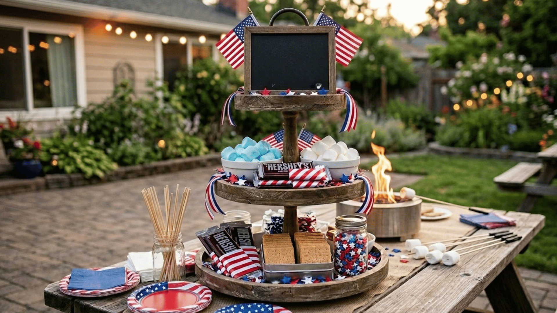 patriotic s’mores station centerpiece with treats, flags, and outdoor fire pit.