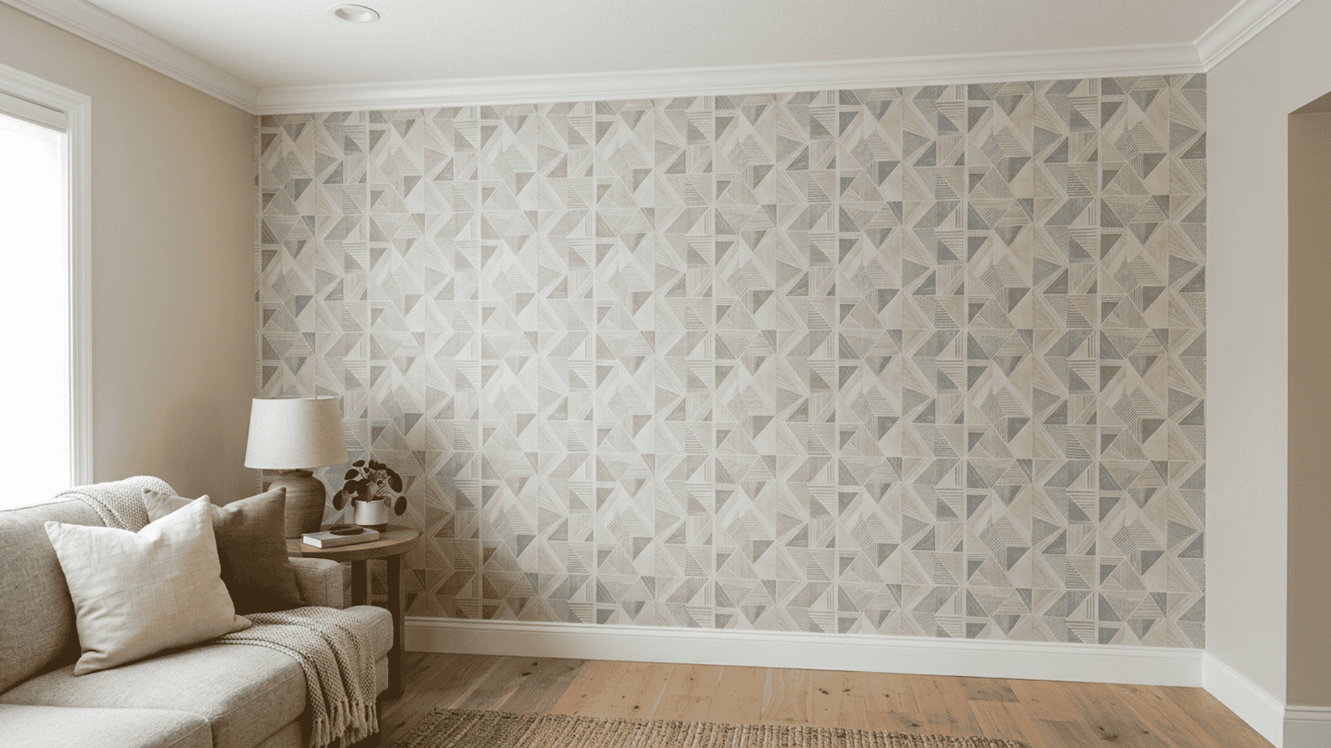 peel and stick wallpaper on a single accent wall with clean edges and smooth geometric pattern finish
