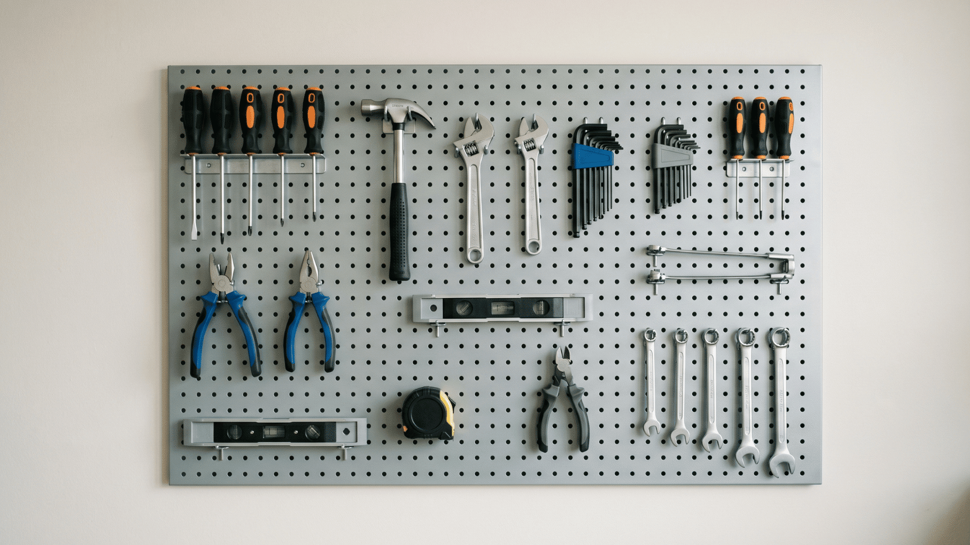 pegboard wall with neatly arranged tools in a clean workspace (2)