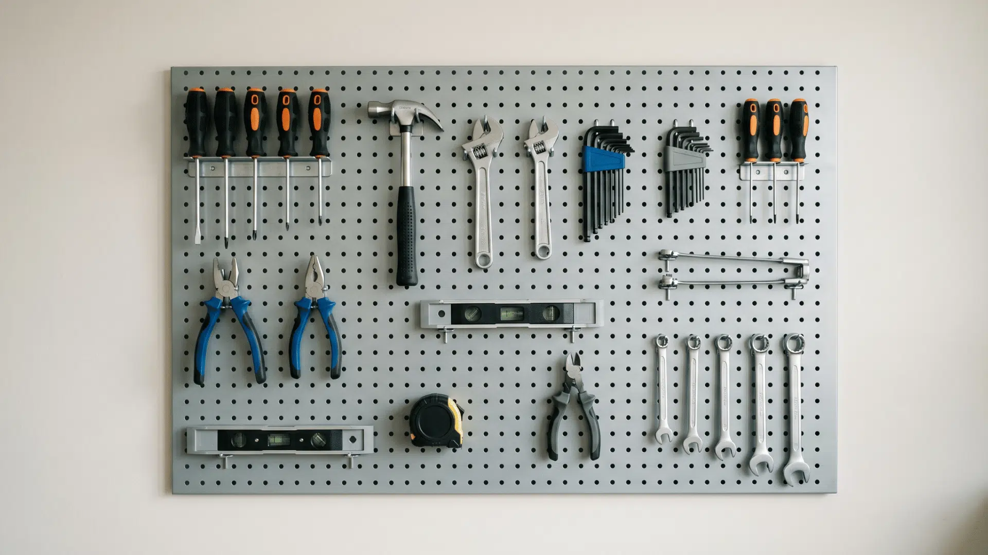 pegboard wall with neatly arranged tools in a clean workspace (2)