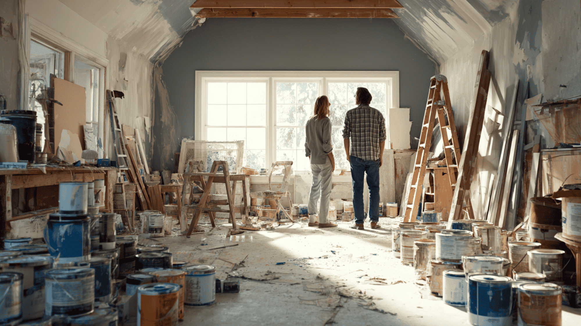 people planning renovation in unfinished room with tools dust and construction materials around them