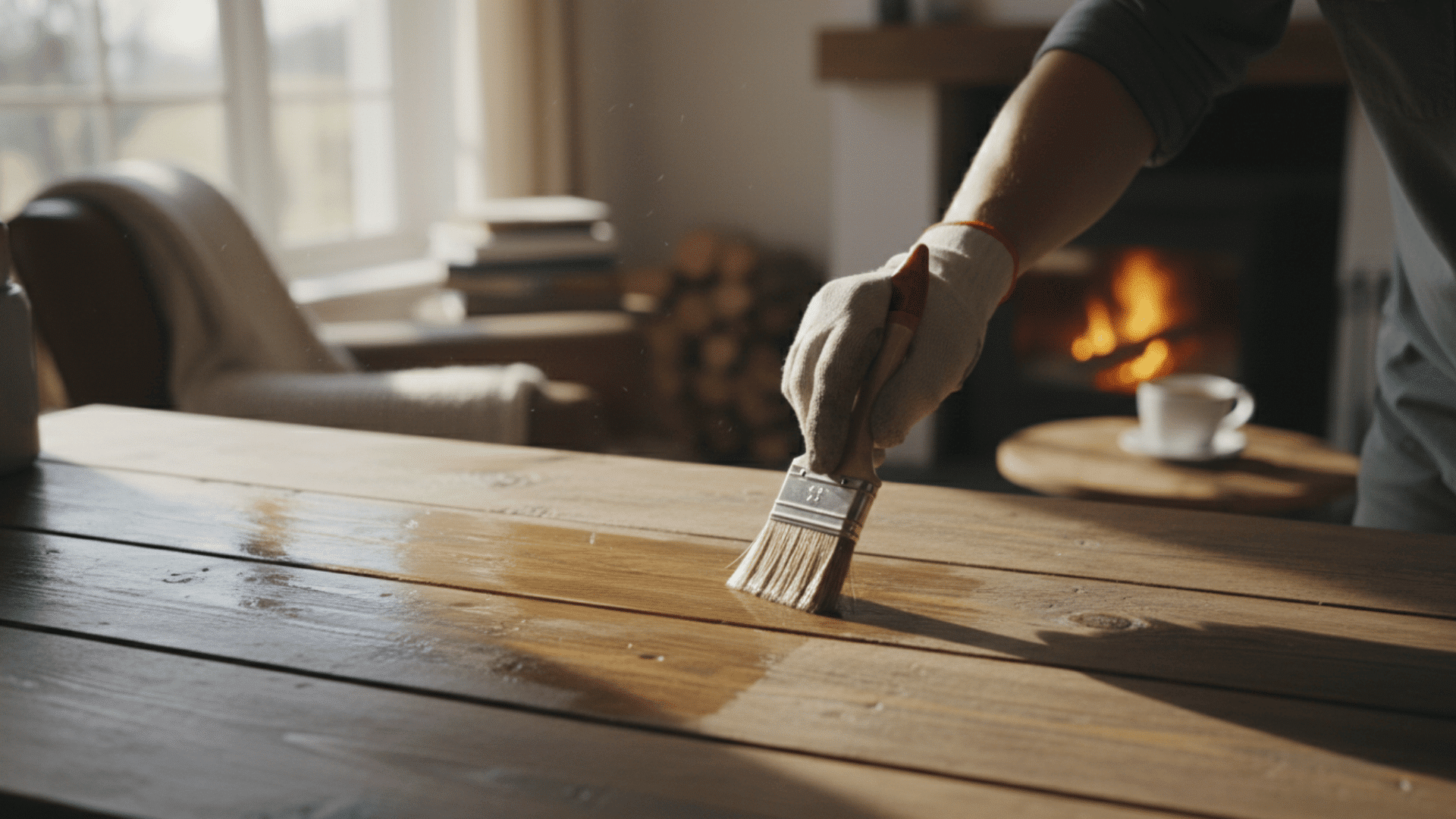 person applying finish to wooden table with brush beside glowing fireplace in cozy sunlit living room