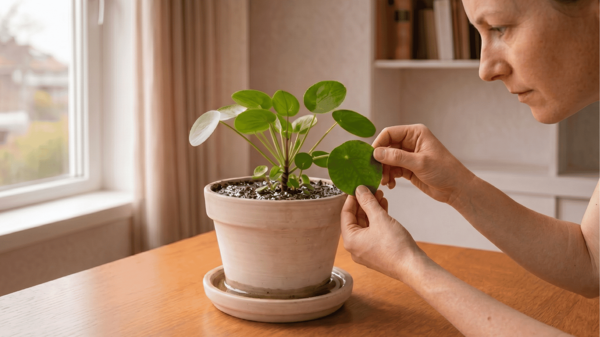 person gently inspecting green leaves of indoor houseplant in a pot placed on wooden table near window