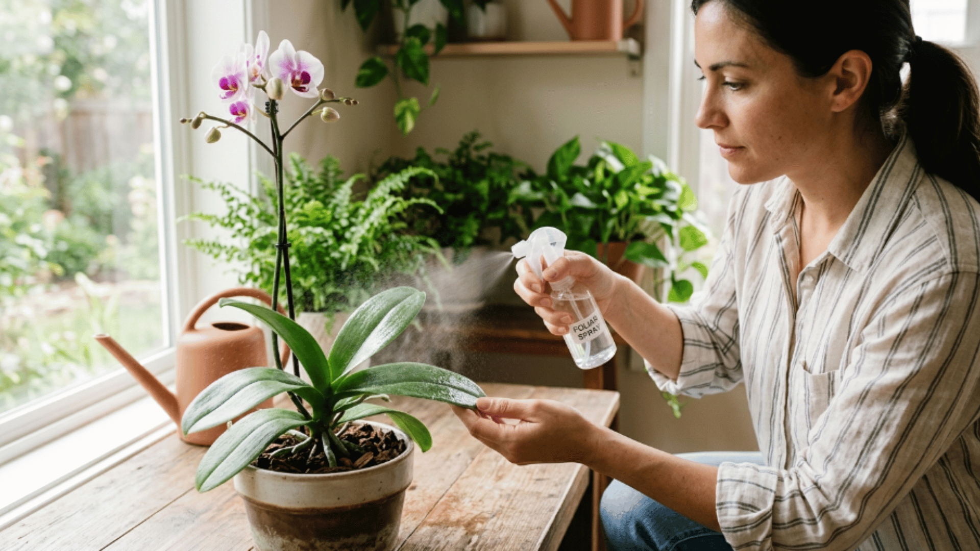 person gently spraying orchid leaves with diluted solution indoors, showing foliar feeding in soft natural light.