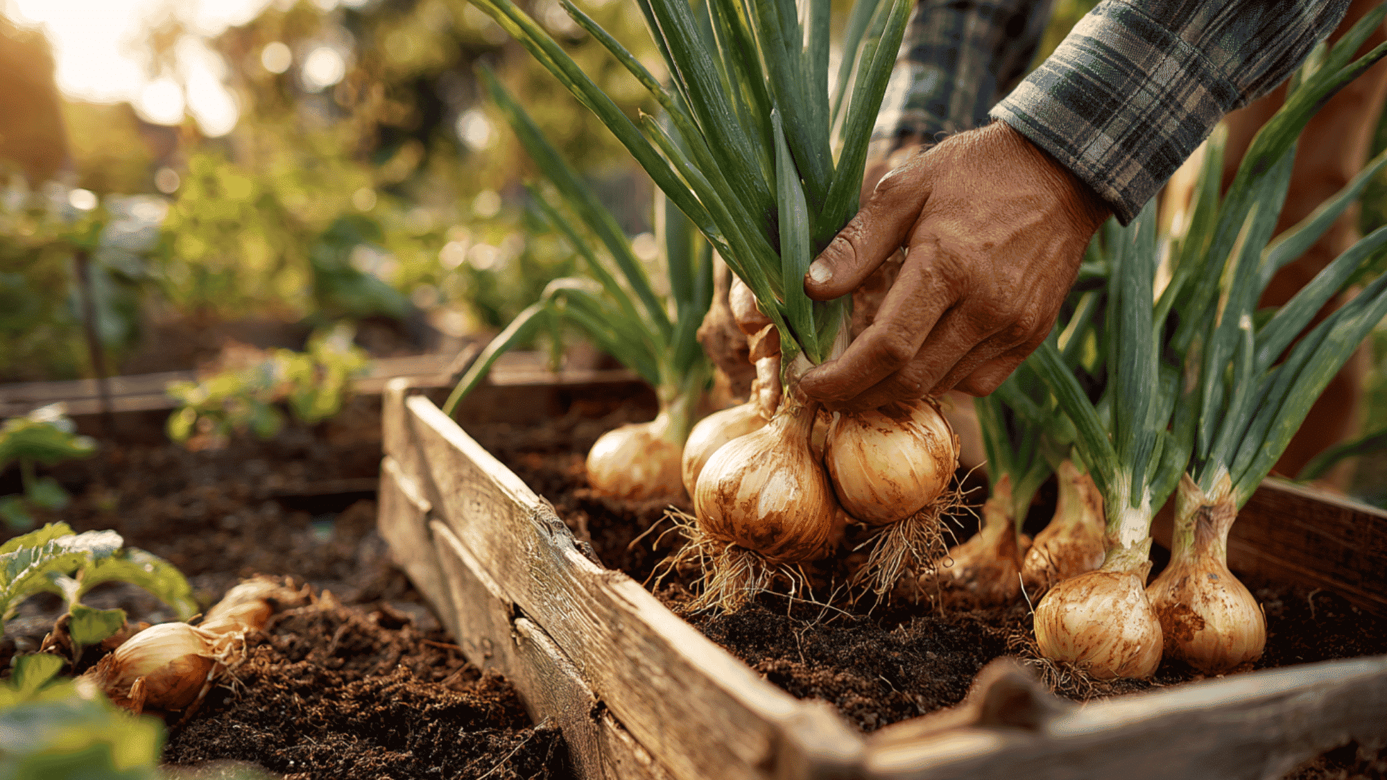 person harvesting fresh onions from sunny garden rows and placing them into a basket beside the plants