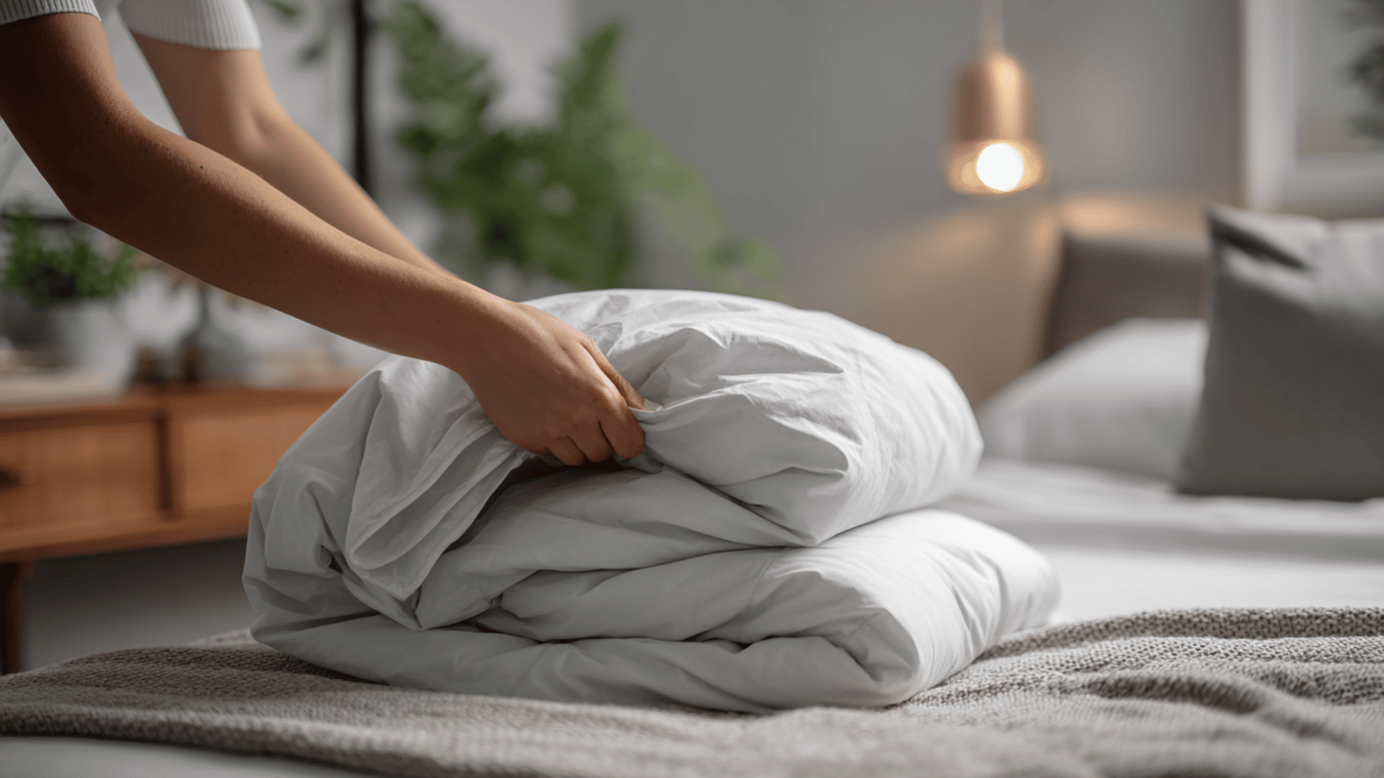 person placing duvet insert into inside out cover on bed in bright bedroom with soft natural lighting