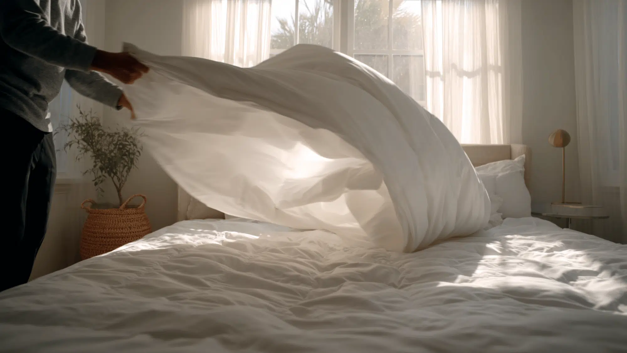 person shaking duvet on bed to evenly spread insert creating fluffy smooth and neat bedding look