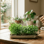 person watering fresh microgreens in a shallow tray on a wooden table near a bright window using a spray bottle indoors