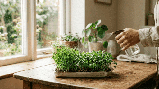 person watering fresh microgreens in a shallow tray on a wooden table near a bright window using a spray bottle indoors
