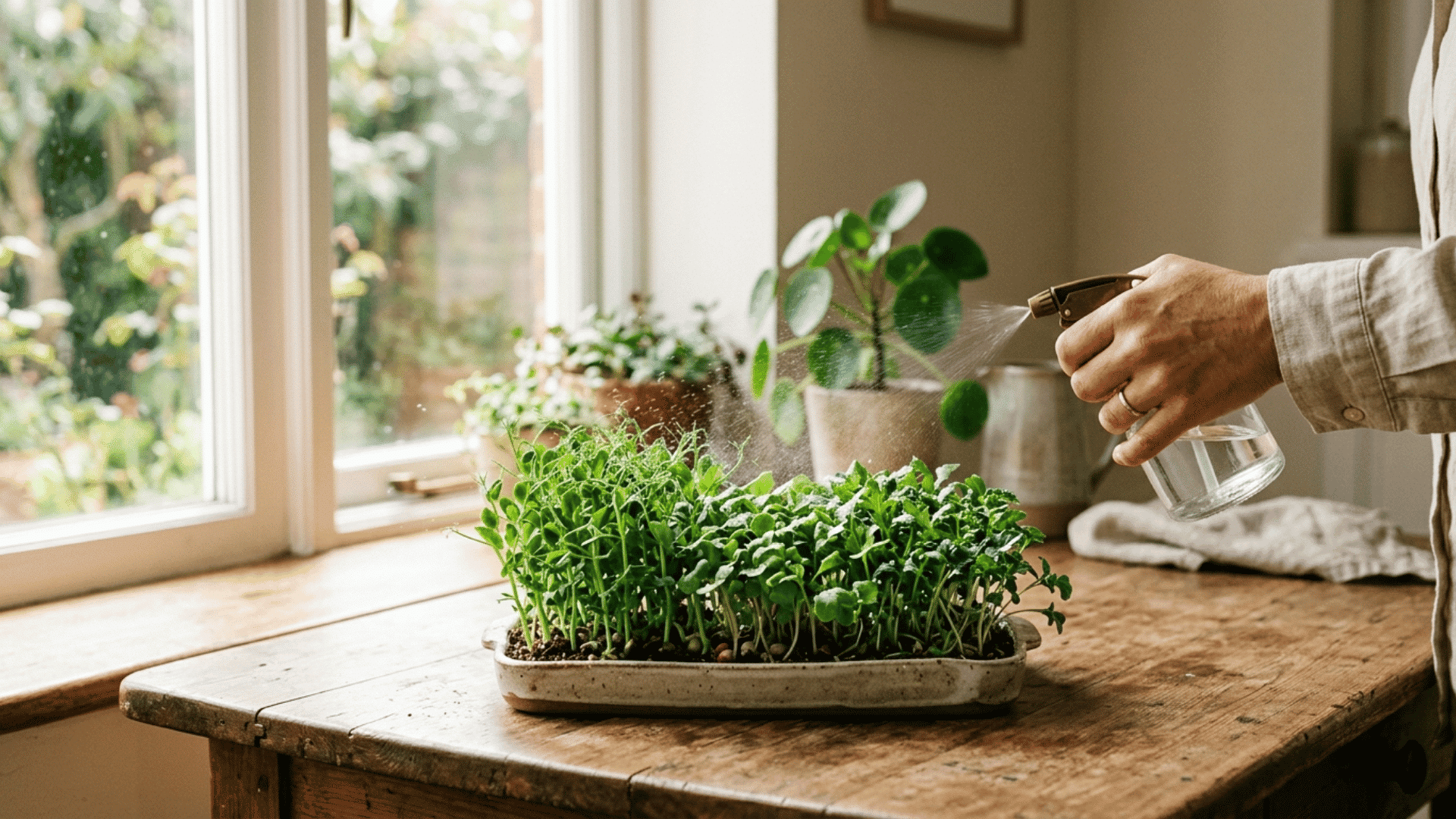 person watering fresh microgreens in a shallow tray on a wooden table near a bright window using a spray bottle indoors