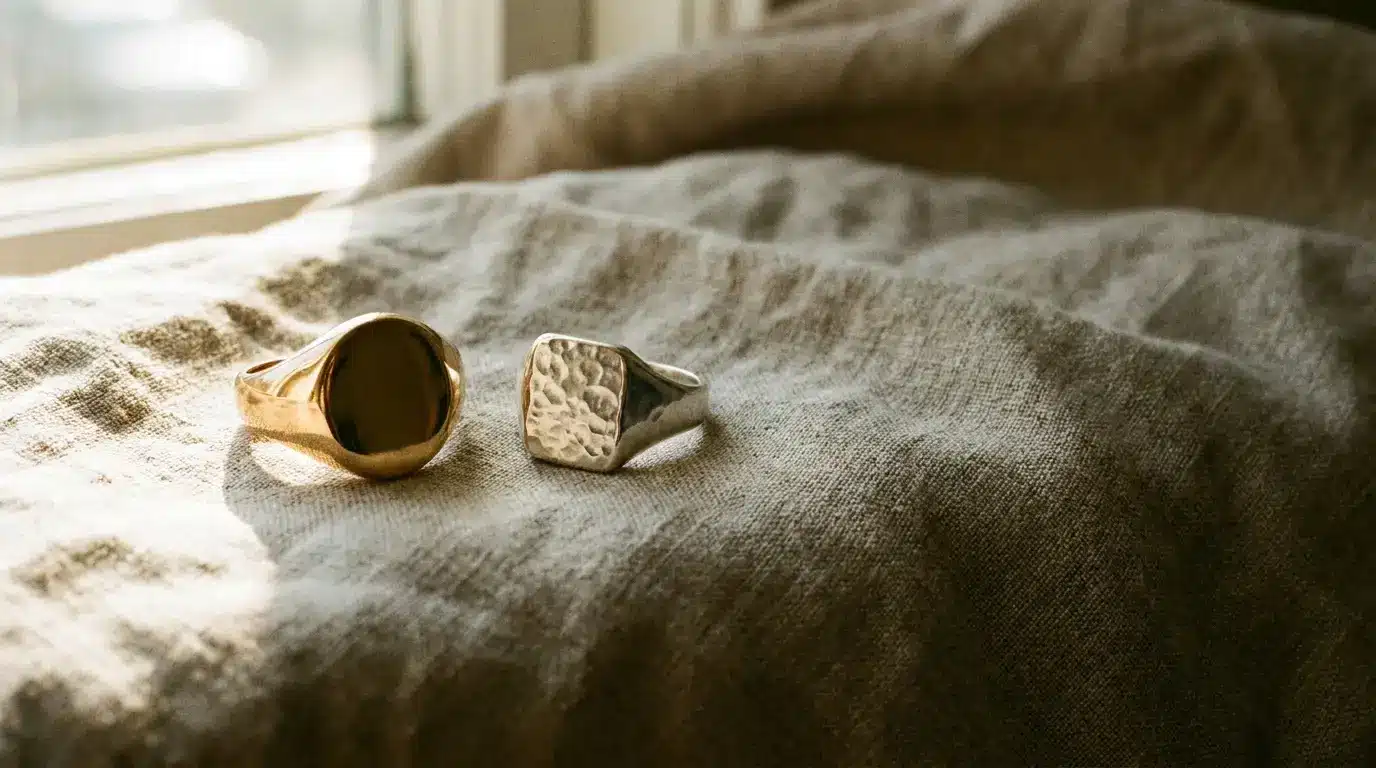 Two rings, one gold and one silver, on a textured fabric surface in warm light