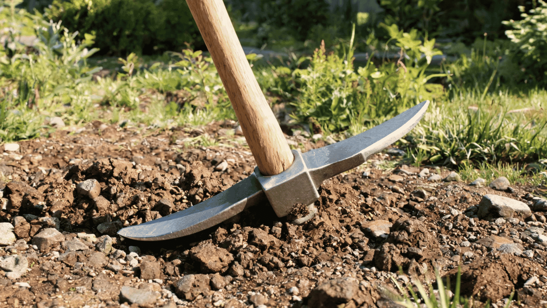 pickaxe loosening rocky soil in a garden bed surrounded by green plants outside