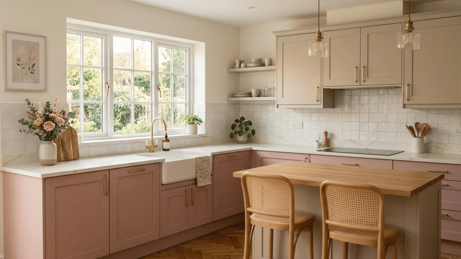 pink and beige cabinets create a soft warm kitchen with a calm and modern feel