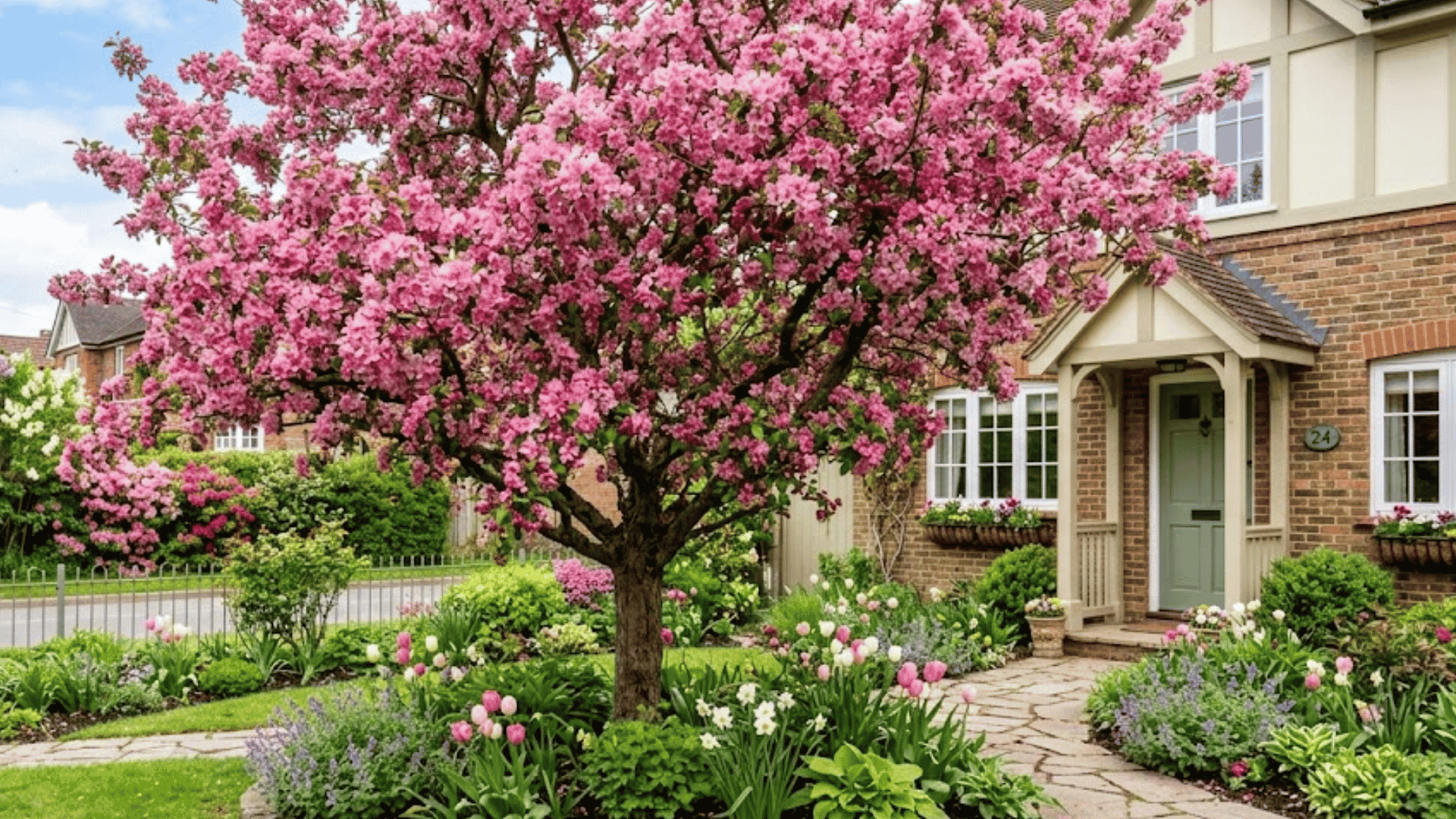 pink flowering cherry tree blooming in a landscaped front yard beside a brick suburban home