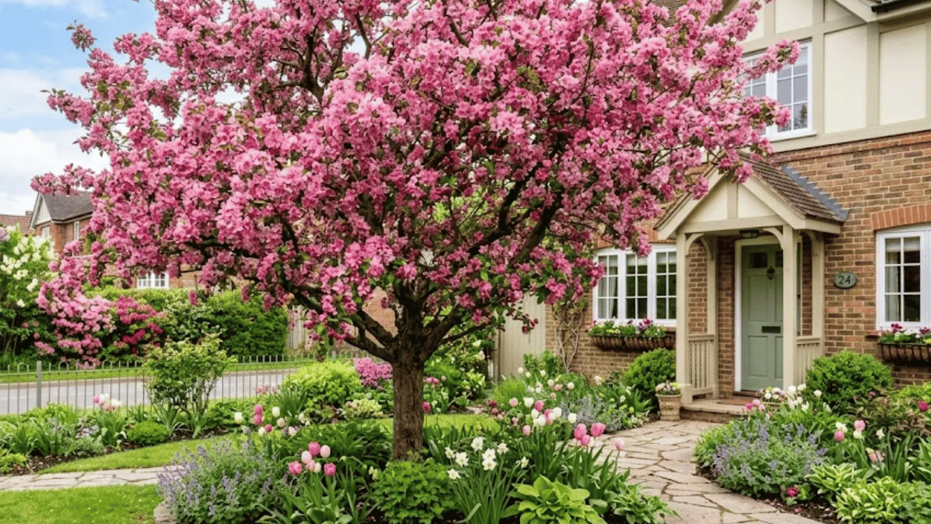 pink flowering cherry tree blooming in a landscaped front yard beside a brick suburban home