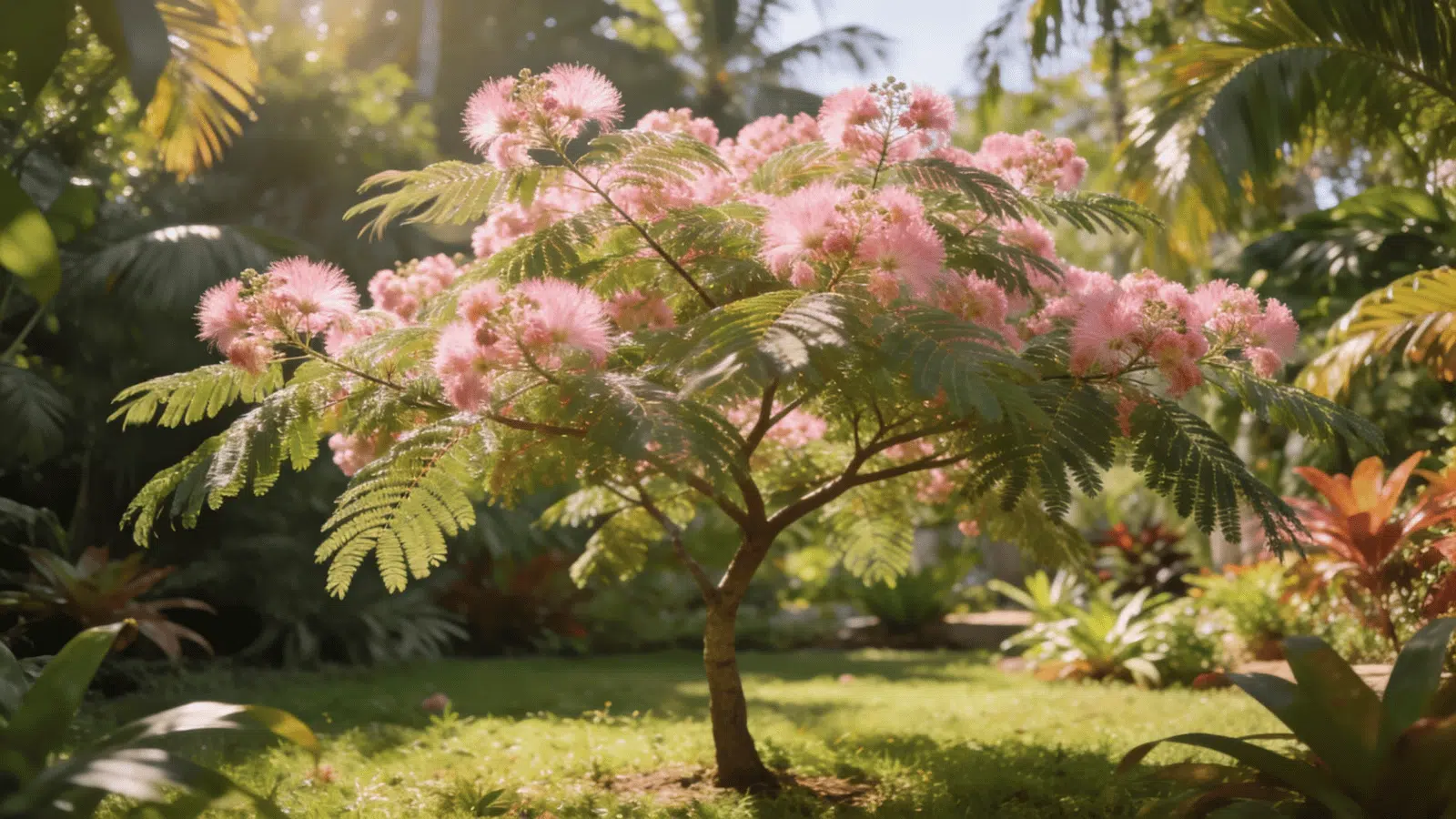 pink silk tree with fluffy blossoms growing in a lush tropical garden setting
