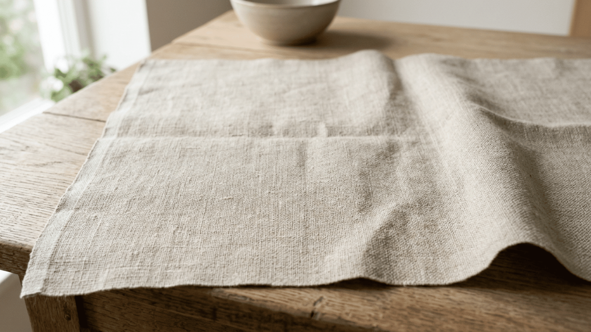 plain-woven linen fabric laid flat on a wooden surface showing natural texture and subtle weave under soft lighting.
