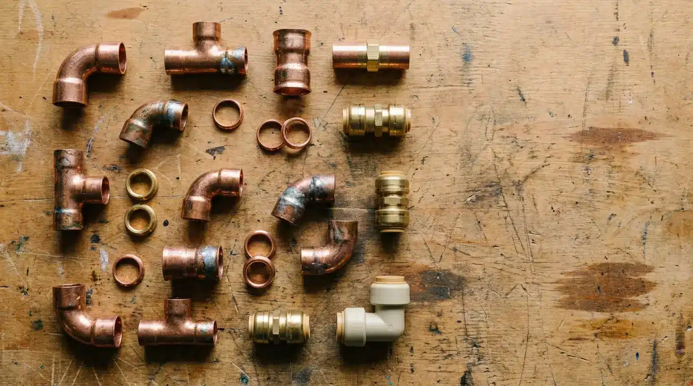 Copper and brass plumbing fittings arranged on a worn wooden surface