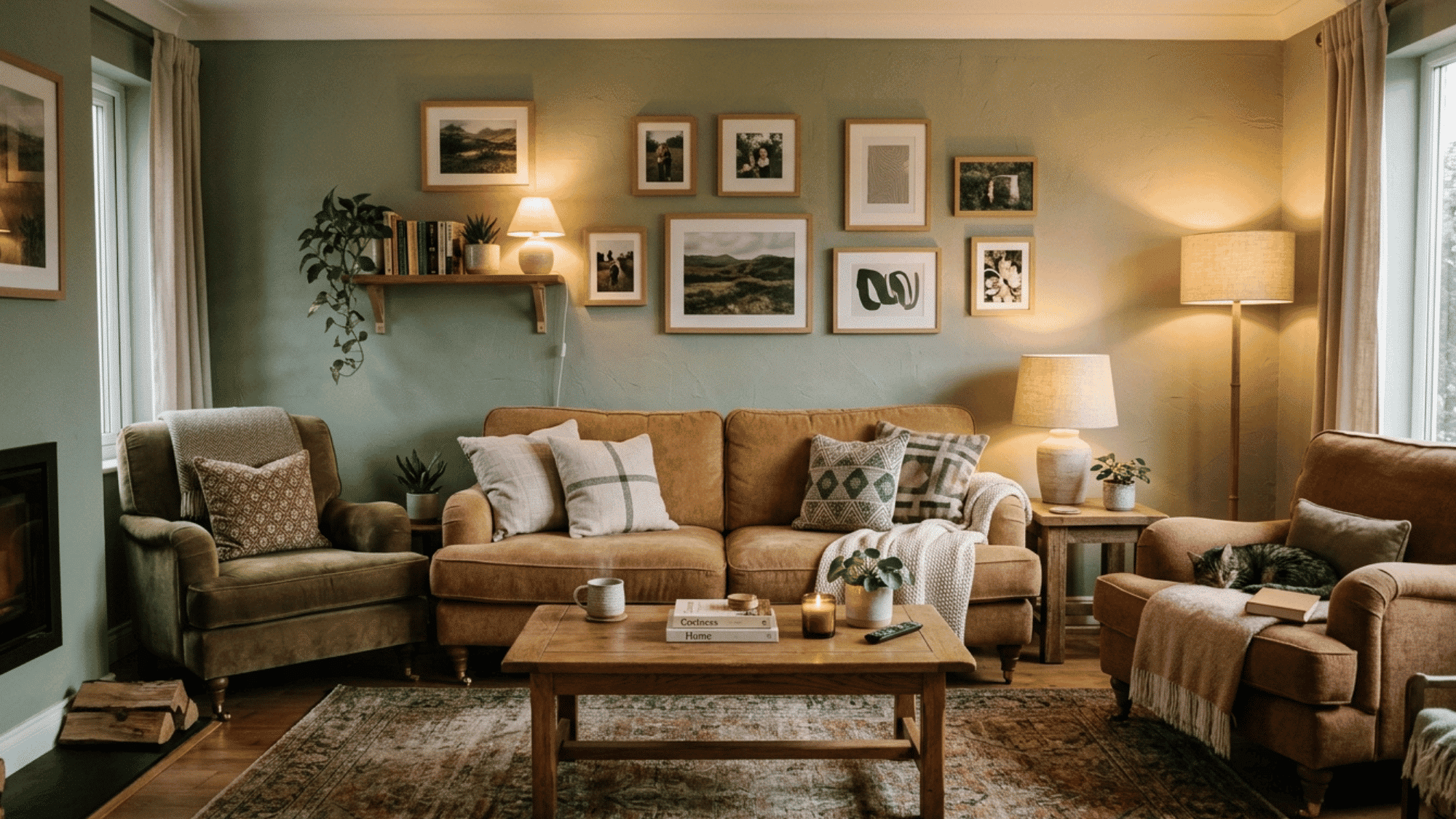 _plush upholstered sofa and armchairs positioned against a wall to absorb room noise.