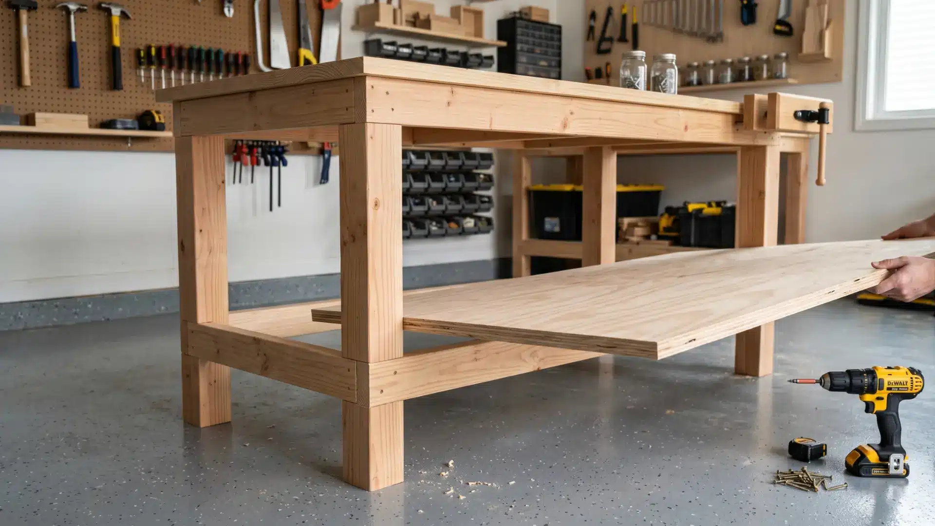plywood lower shelf being slid into position between the legs of a DIY workbench frame resting on the lower cross rails, a power drill on the floor nearby ready to screw it down, clean garage work (1)
