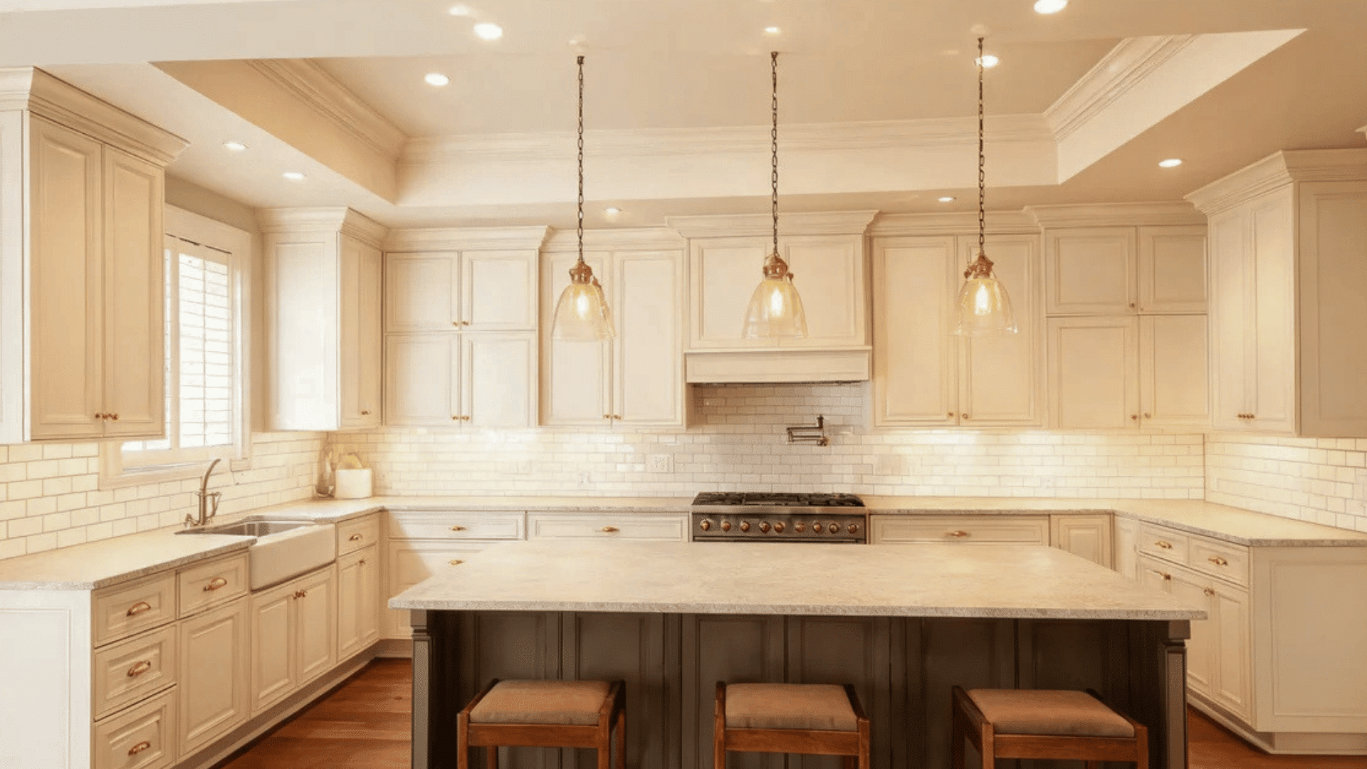 polished white kitchen with dark island three stools and hanging lights