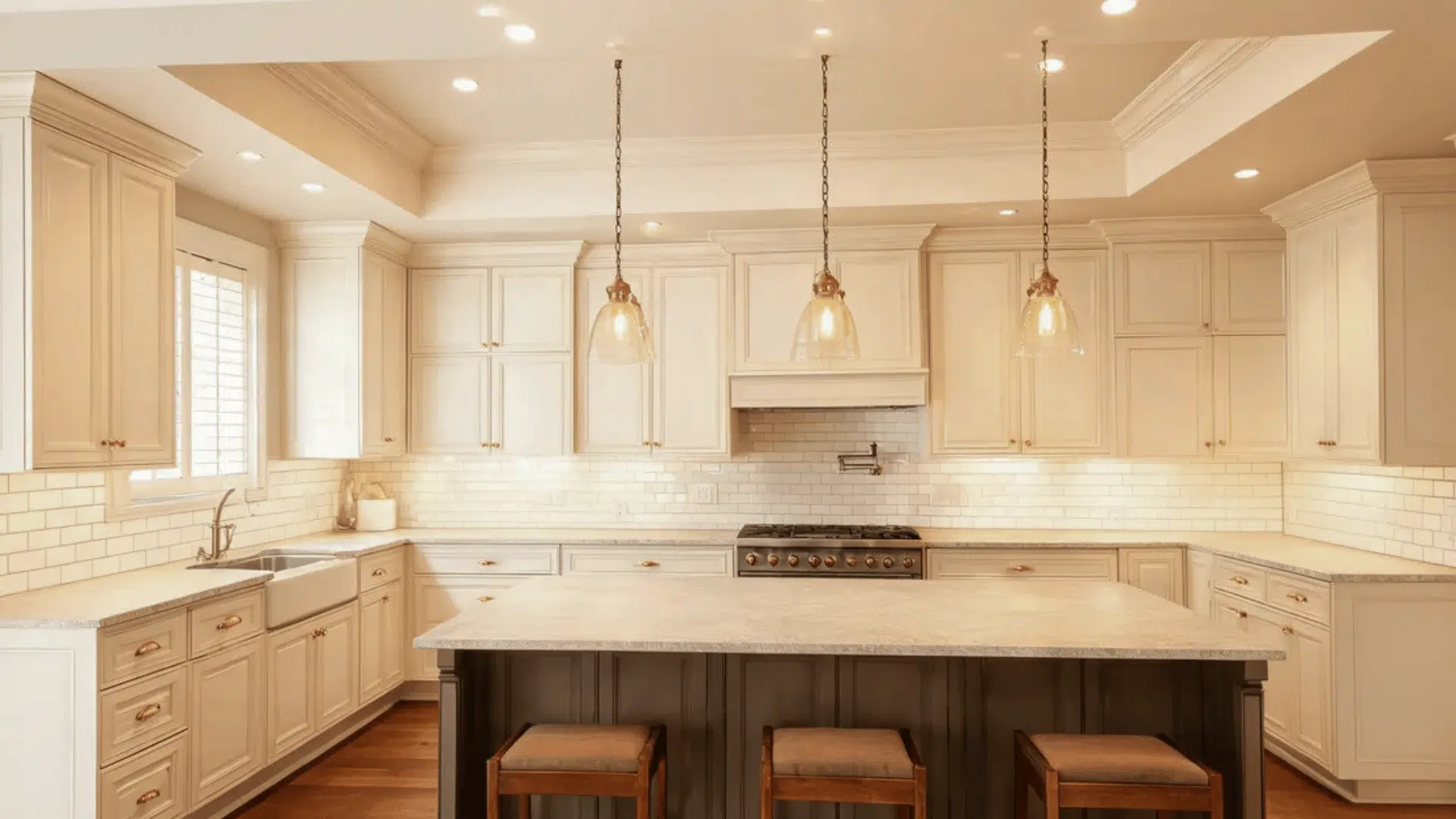 polished white kitchen with dark island three stools and hanging lights