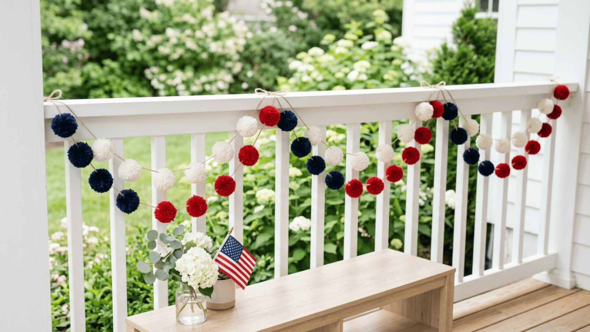 pom pom garland in red white blue draped across shelf adding soft and simple festive look