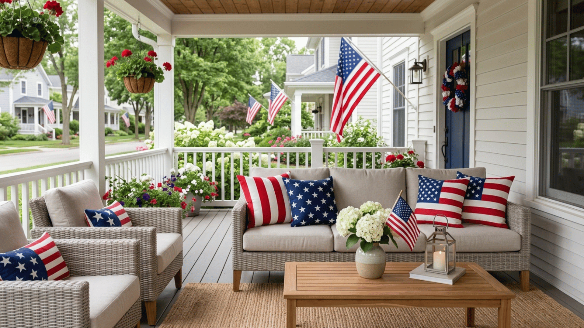 porch seating with red white blue pillows arranged neatly creating cozy patriotic setup