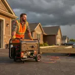 Man in safety vest operating portable generator in suburban driveway under cloudy sky