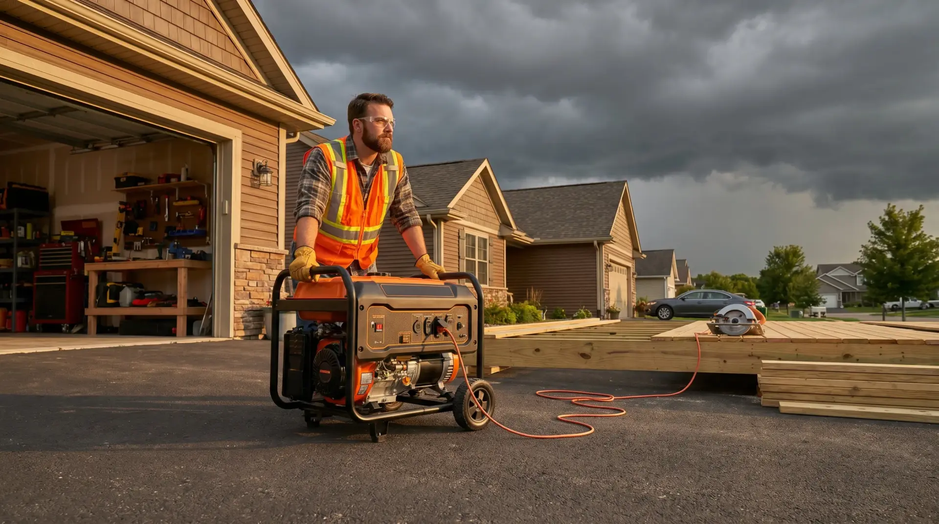 Man in safety vest operating portable generator in suburban driveway under cloudy sky