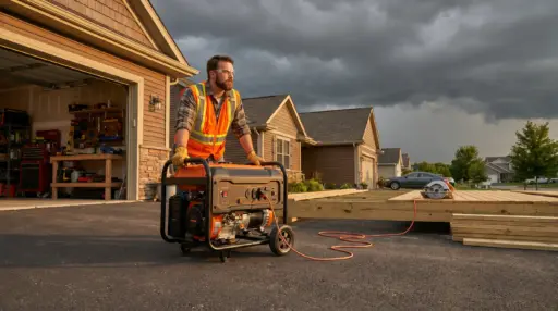 Man in safety vest operating portable generator in suburban driveway under cloudy sky