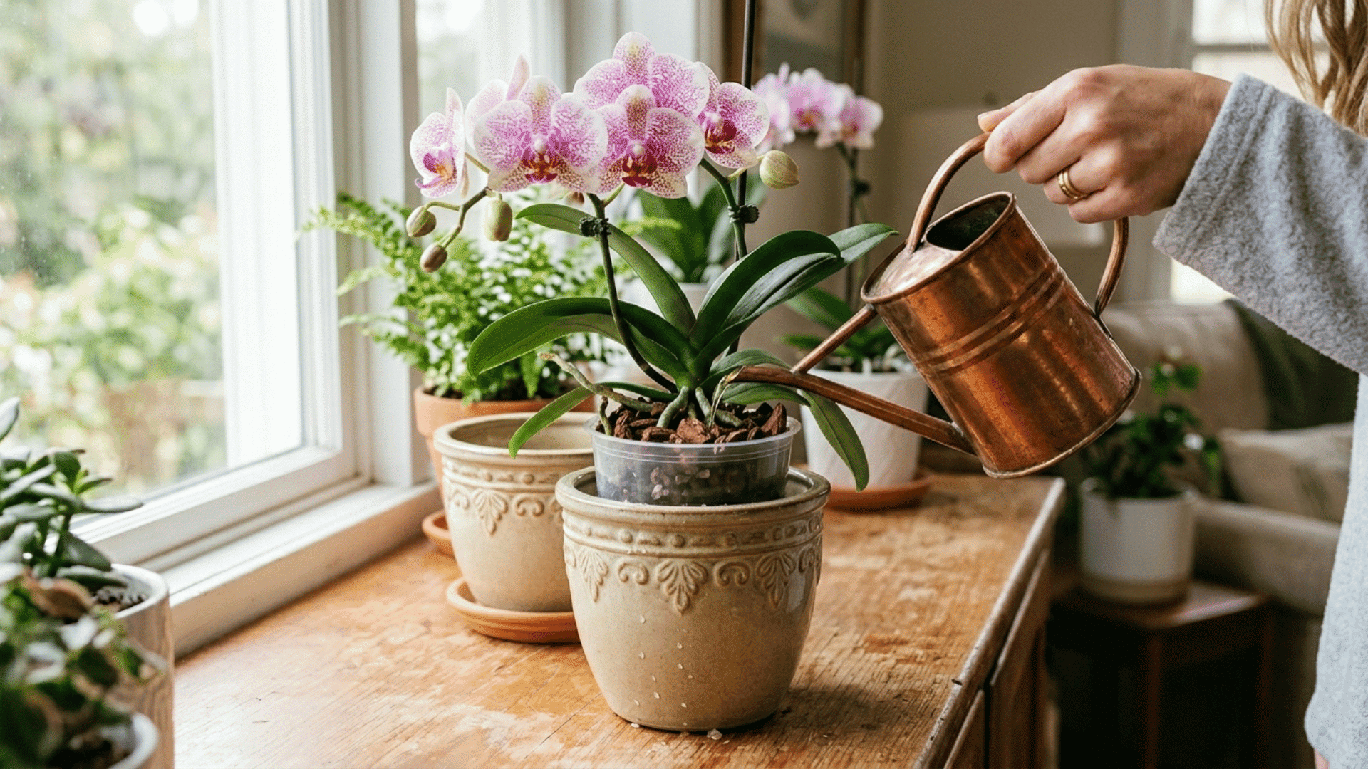 pouring diluted fertilizer from a metal watering can onto a potted orchid, placed on a wooden table indoors. (1)