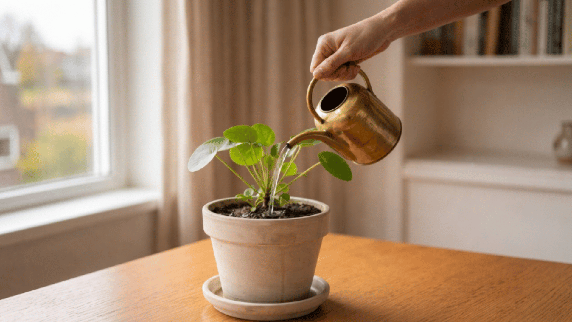 pouring water slowly onto houseplant soil using watering can for proper watering (1)