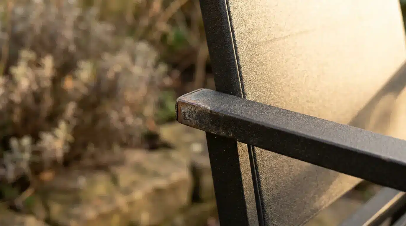 Close-up of black metal chair armrest in outdoor garden with soft lighting and foliage background