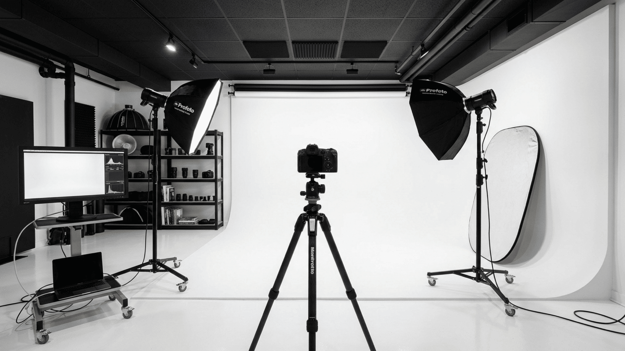 professional basement photography studio with seamless white backdrop, octabox softbox lights, DSLR on tripod, reflector panel, and clean white epoxy flooring