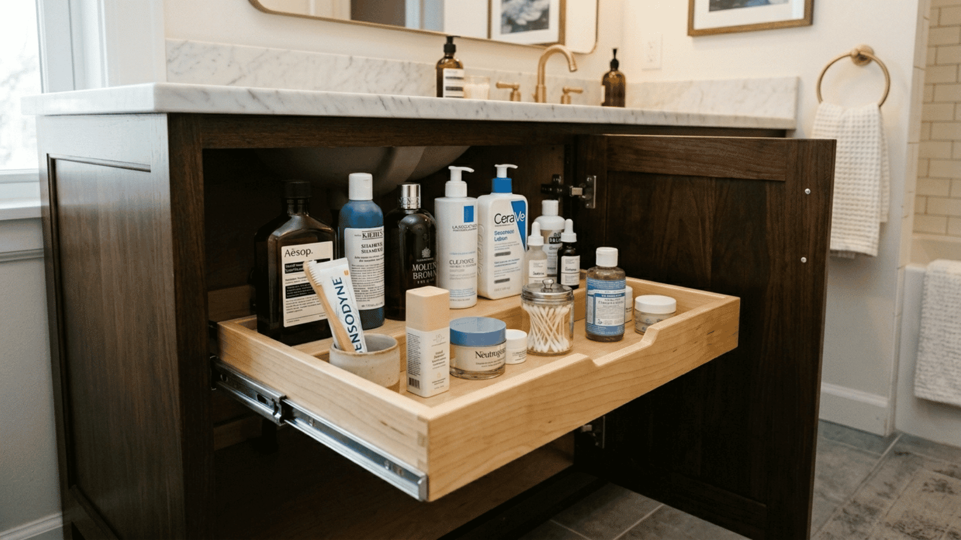 pull out sliding tray extended from a deep bathroom cabinet revealing neatly arranged bottles and products stored at the back