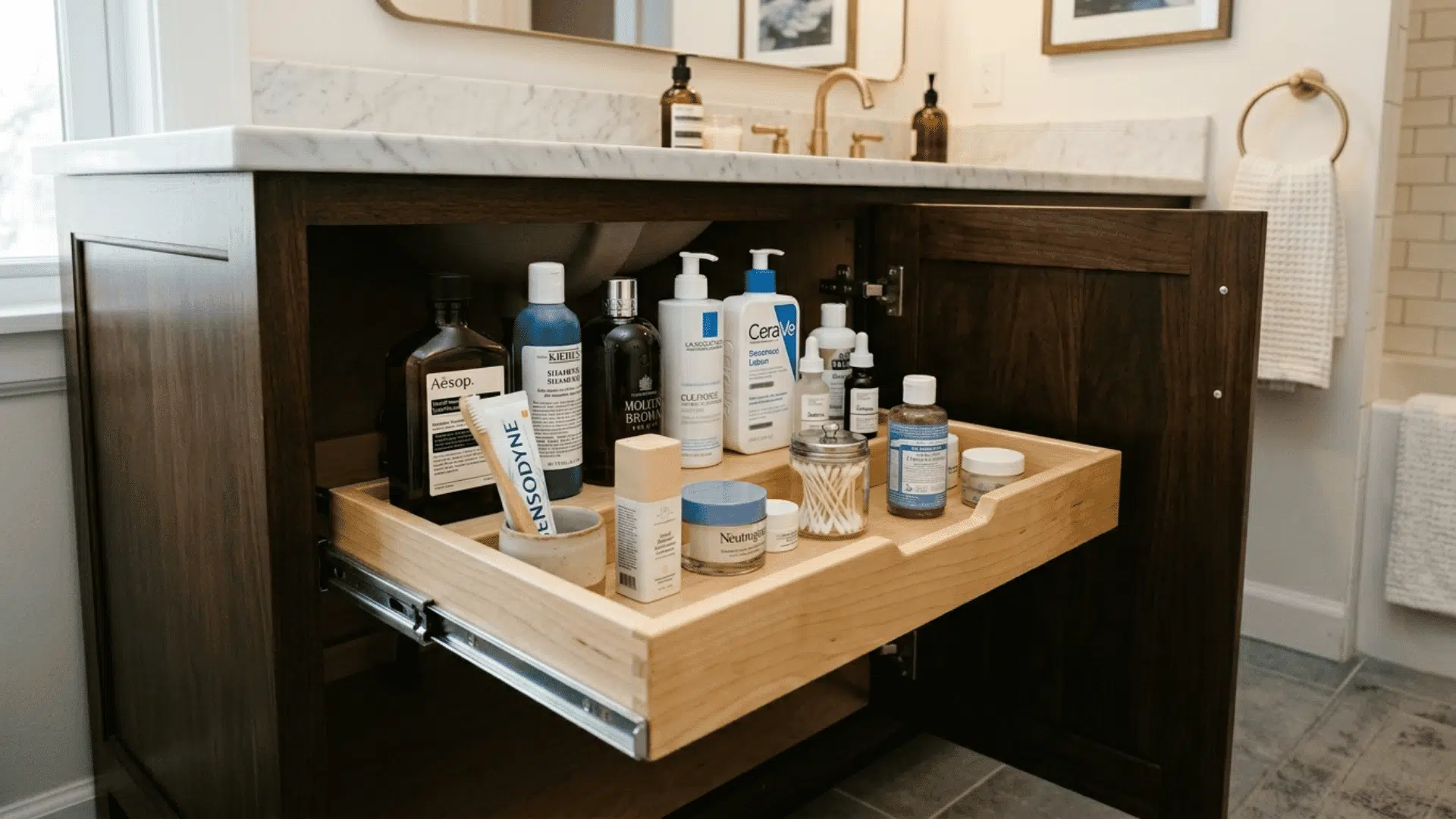pull out sliding tray extended from a deep bathroom cabinet revealing neatly arranged bottles and products stored at the back