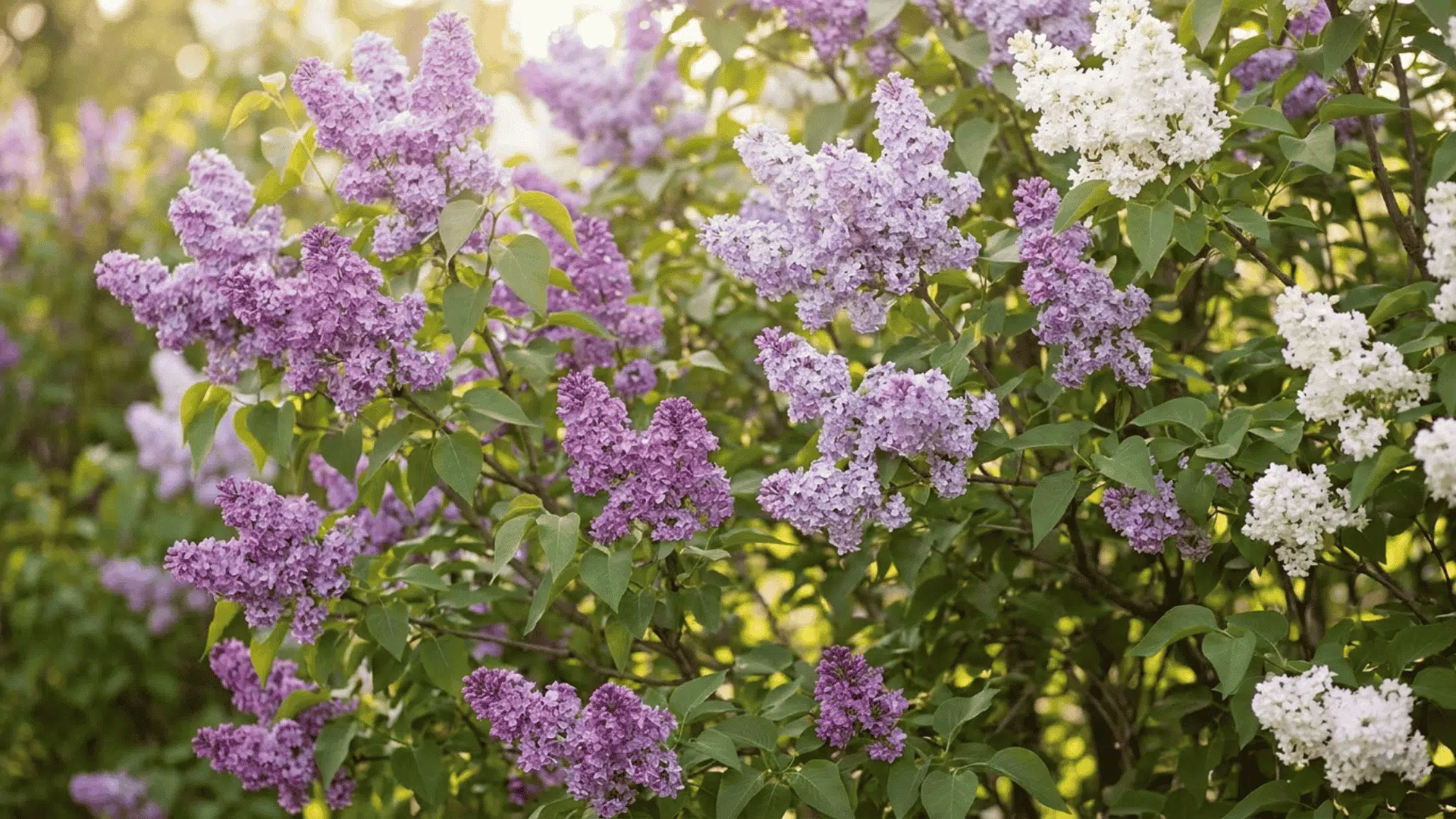 purple and white lilac flowers blooming on leafy branches in a sunlit garden with soft green foliage in background