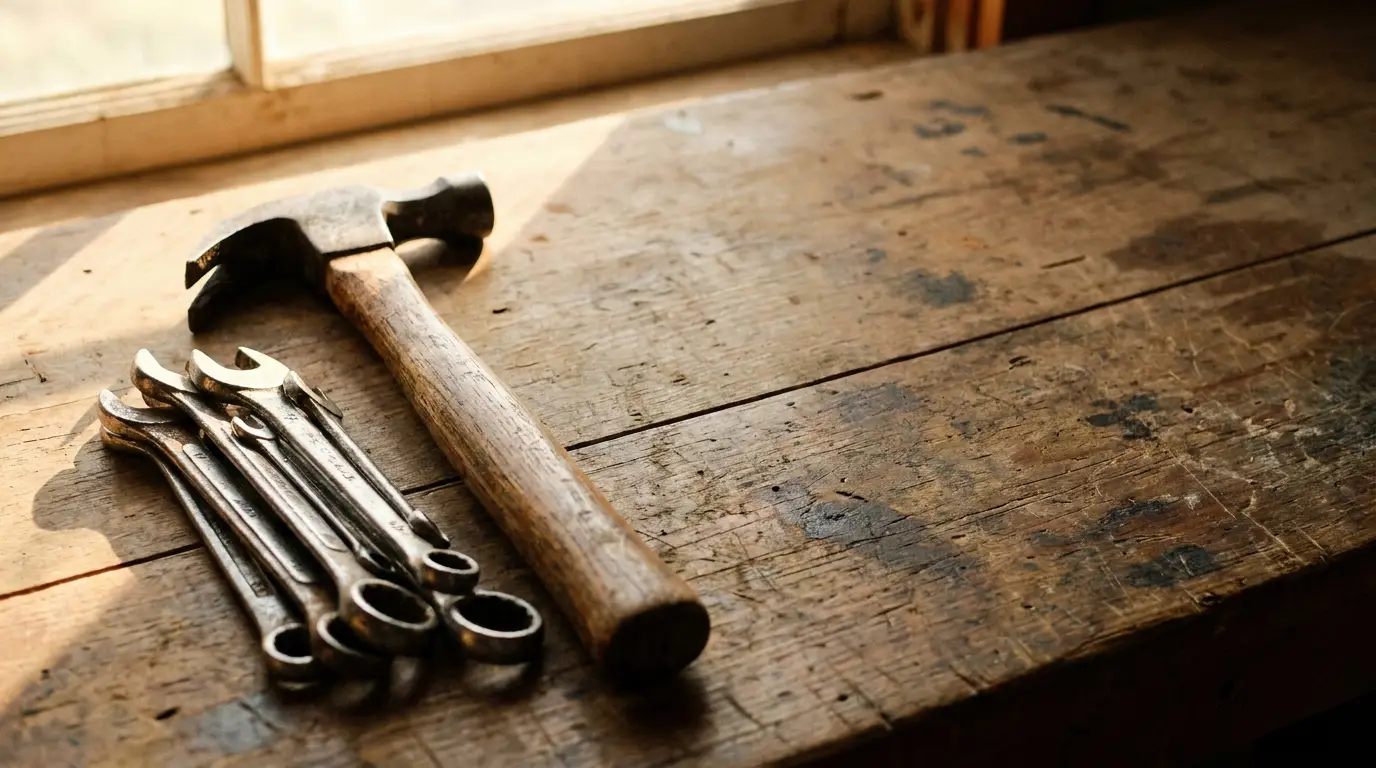 A hammer and wrenches on a rustic wooden workbench in natural light