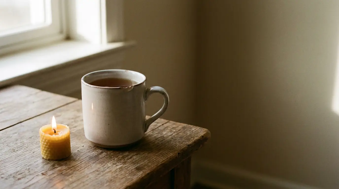 Mug of tea and a lit candle on wooden table by window in warm lighting